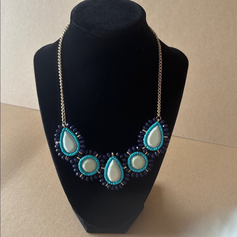 Navy and turquoise beaded statement necklace